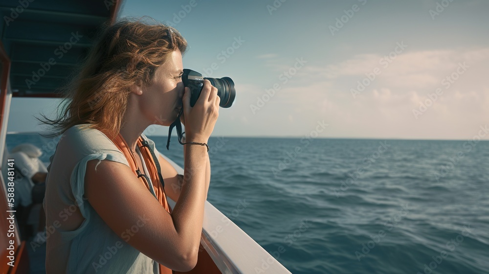 Young woman tourist, traveller on a ship in open sea taking picture with her camera, AI generative Young woman tourist, traveller on a ship in open sea taking picture with her camera, AI generative