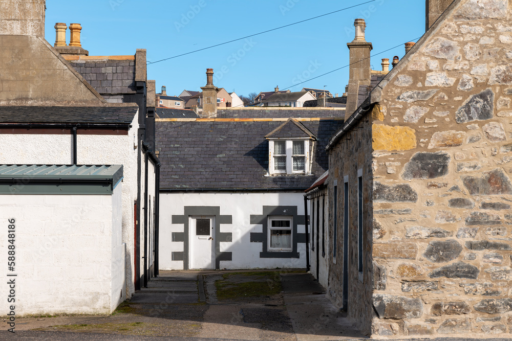 3 April 2023. Seatown,Cullen,Moray,Scotland. This is some street architecture within the old fishing town part of Cullen on the Moray Coast on a very sunny April afternoon in Spring.