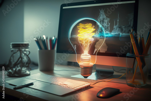 Creative ligth bulb, hologram in a modern desk, generative ai