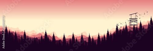 sunset sky nature mountain landscape with forest silhouette vector illustration good for banner, background, backdrop, web banner, ads banner, tourism banner, and wallpaper