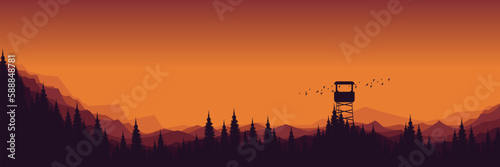 sunset sky nature mountain landscape with forest silhouette vector illustration good for banner, background, backdrop, web banner, ads banner, tourism banner, and wallpaper