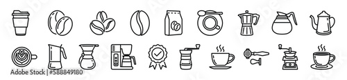 Coffee icons vector set. Coffee icon collection with editable stroke. Coffee bean, drinks, cup, coffeepot, package, grinder, filter, machine, certified, portafilter, and other. Symbol illustration