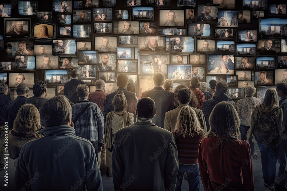 People watching a lot of retro televisions. Propaganda and fake news concept. Politicians manipulate society with help of public television. Created with Generative AI