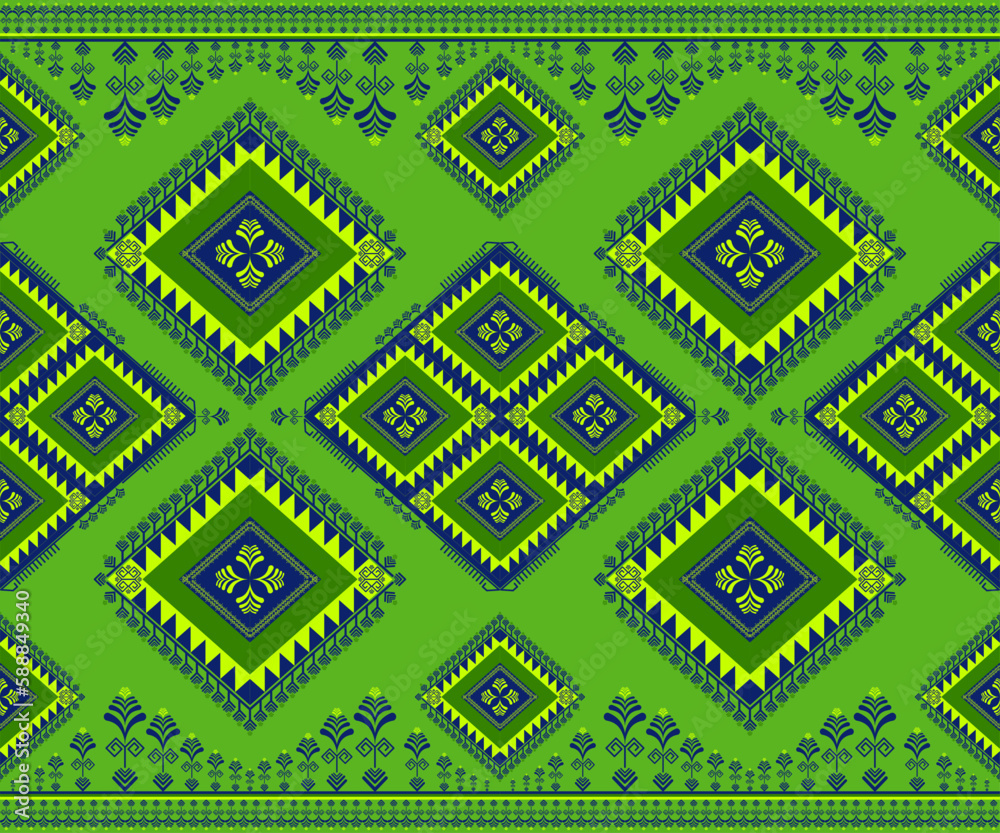 Ethnic folk geometric seamless pattern in green and blue tone in vector illustration design for fabric, mat, carpet, scarf, wrapping paper, tile and more Ethnic folk geometric seamless pattern in green and blue tone in vector illustration design for fabric, mat, carpet, scarf, wrapping paper, tile and more