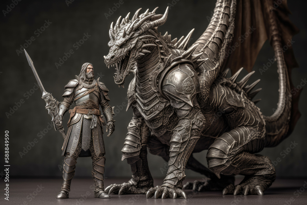 Fototapeta premium Man stands in front of huge dragon, fantasy world. Generative AI