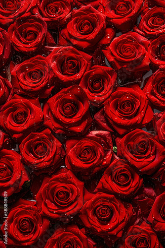 Seamless background small red roses with green leaves visible water drops
