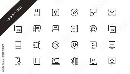 Education and Learning web icons in line style. School, university, textbook, learning