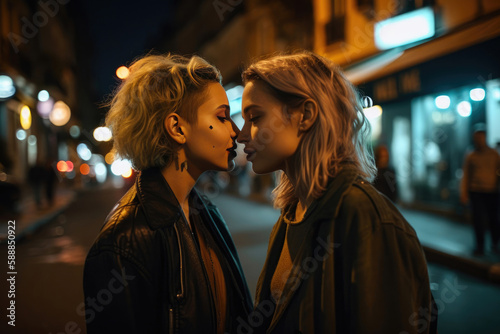 Young lesbian couple kissing at night in the street. Generative AI