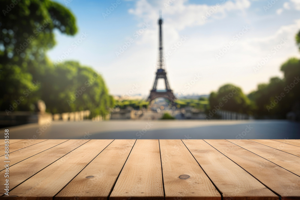 Empty Wooden table in Paris at summer with Eifel Tower being in the background. Generative AI