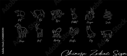 Chinese Zodiac symbols signs horoscope set in line art style isolated on black