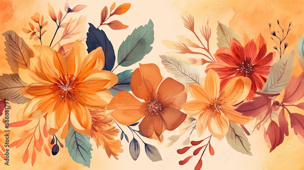 Flowered colored wallpaper. Autumn colors. Generative AI