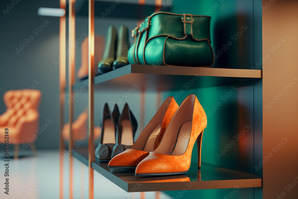 Modern women's shoe store, super photo realistic background. Generative