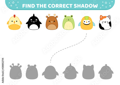 Squishmallow animals. Find the correct shadow. Shadow matching game. Cartoon, vector