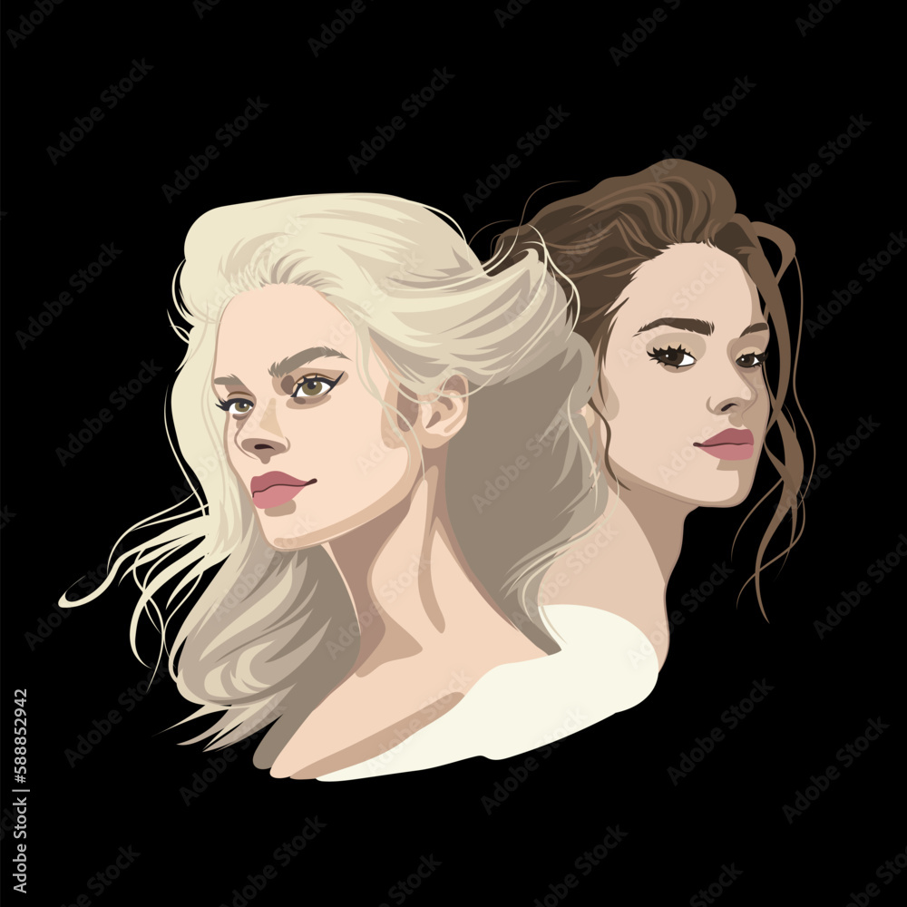 Group portrait of a two beautiful girls with brunette and blonde curly hair Group portrait of a two beautiful girls with brunette and blonde curly hair