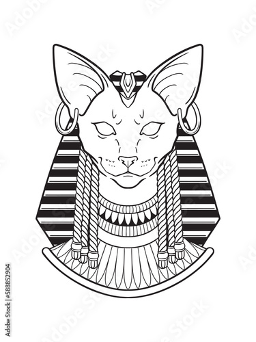 Bastet or Bast ancient Egyptian goddess sphynx cat in gothic style hand drawn vector illustration