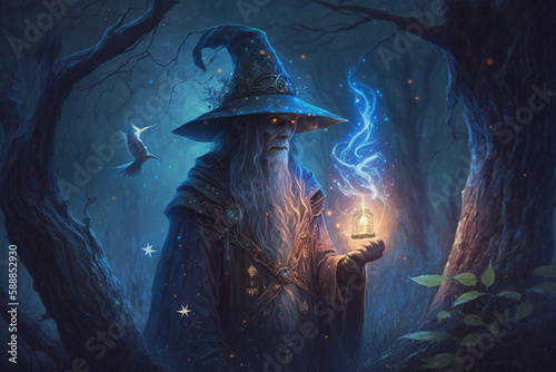 Blue scary Fantastic wizard making spells in the forest. Creative vector illustration design character. Magic and wizardry. Ai generated