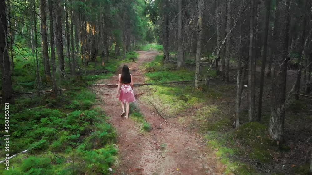 Young woman walking on path in the woods view from drone Young woman walking on path in the woods view from drone