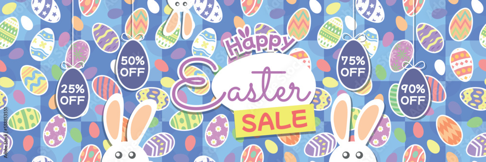 Happy Easter Sale Banner - Easter Eggs Hanging with Discounts 25%, 50%, 75% and 90% off