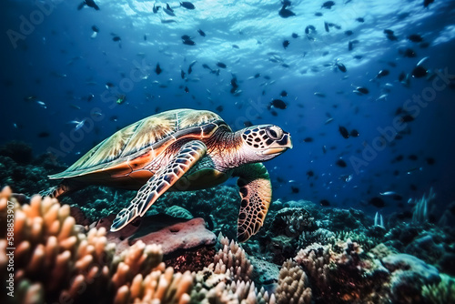 Wasserschildkröte in einem Korallenriff with Generative KI photo