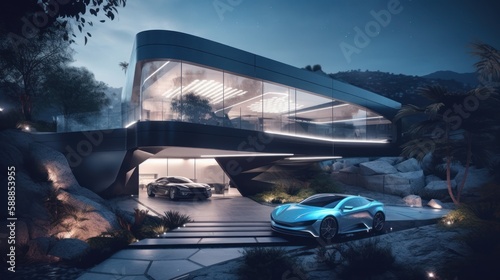 Geometric Home of the Future: Robotic Assistants and AI-Systems with an Elevated Platform for an Electric Car - Next Generation Living, Generative AI