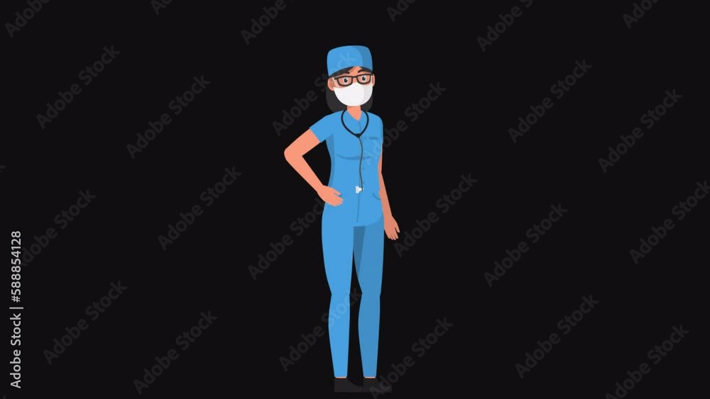 High resolution 2d cartoon female character in nurse outfit with face mask talking on alpha channel background in seamless loop.