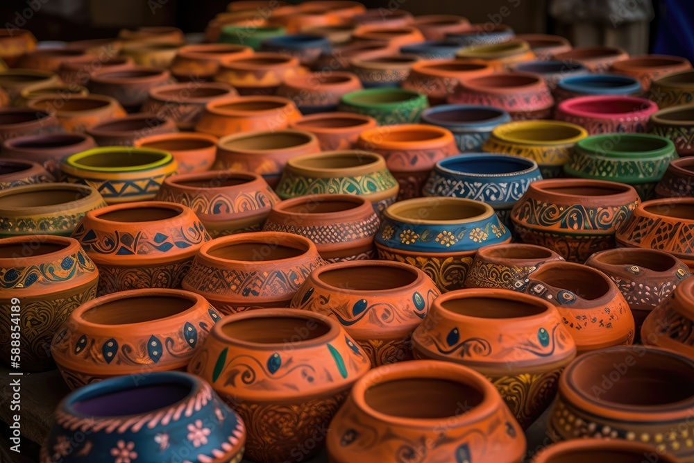 Clay Pots With Rangoli Patterns On Them. Generative AI