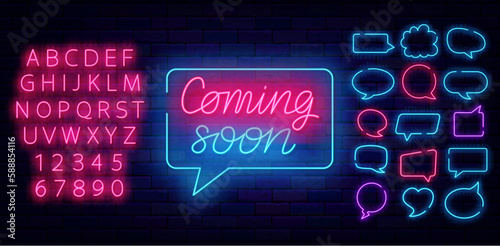 Coming soon neon lettering in speech bubble. Think clouds frames set. Party and sale prepare. Vector illustration