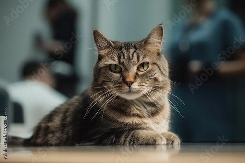 Cat On The Table In The Veterinary Hospital With Veterinarian On The Background. Generative AI