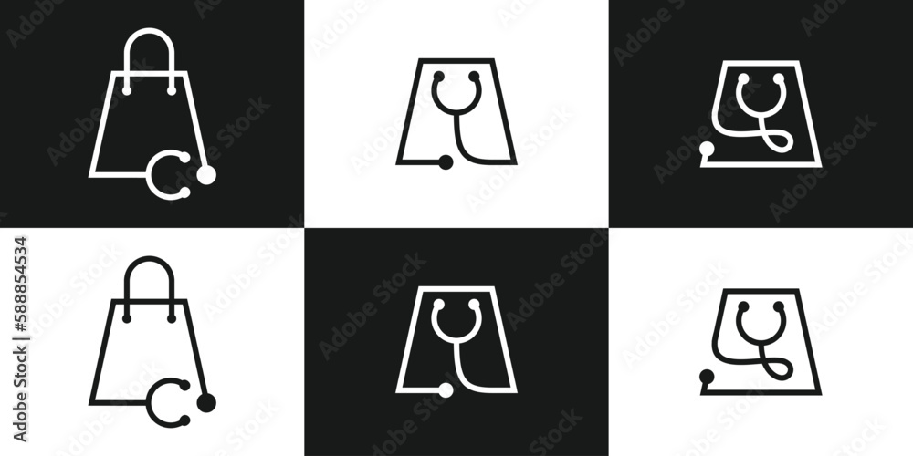 shopping bag and stethoscope logo design line icon vector illustration