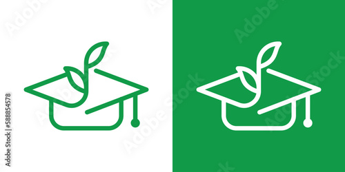 graduation hat and leaf growth education logo design icon vector illustration