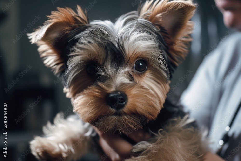 Veterinarians Hands Holding Dog On The Table At The Veterinary Hospital. Generative AI Veterinarians Hands Holding Dog On The Table At The Veterinary Hospital. Generative AI