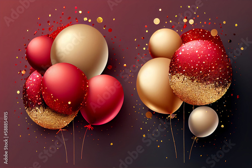 Set of golden and red metallic glossy colors balloons with strings with sparkles on the background. For birthdays  parties  weddings or promotion banners or posters. Vivid and realistic illustration