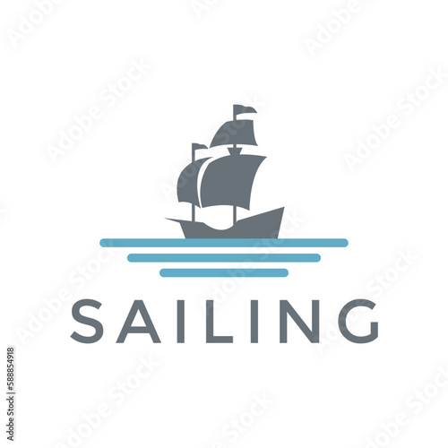 Simple sailboat sailing ship in Sea Ocean Wave, Simple sailboat vector logo design template