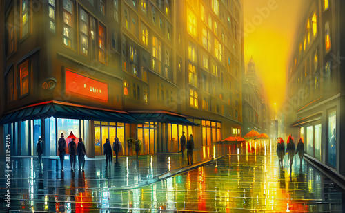 People walk past high-rise buildings on the evening street of a big city after the rain. Generative AI, Generative, AI