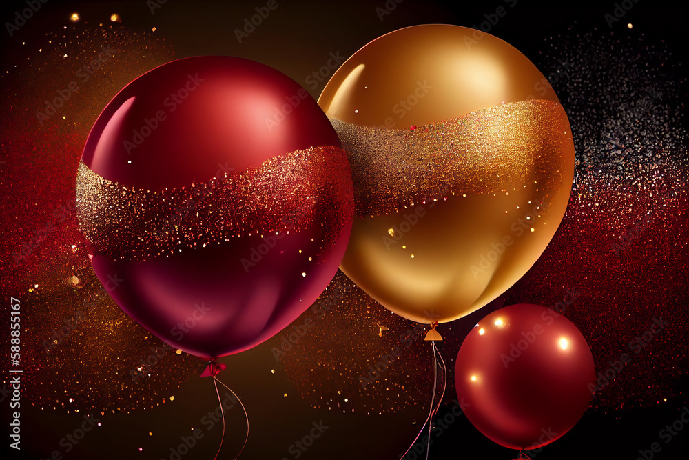 Set of golden and red metallic glossy colors balloons with strings with sparkles on the background. For birthdays, parties, weddings or promotion banners or posters. Vivid and realistic illustration Set of golden and red metallic glossy colors balloons with strings with sparkles on the background. For birthdays, parties, weddings or promotion banners or posters. Vivid and realistic illustration