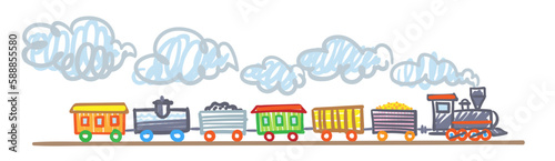 Children's drawing. Funny train with six colorful wagons and smoke. In cartoon style. Isolated on white background. Vector flat illustration