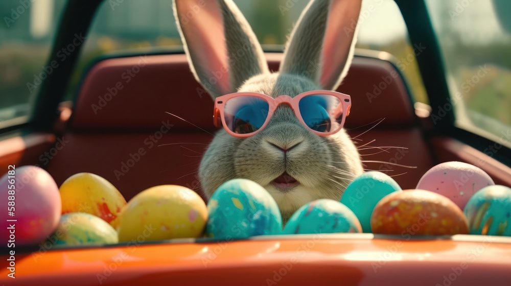 Happy Cute Easter Bunny with sunglasses looking out of a car filed with easter eggs, Generative AI