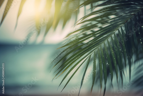 Generative Ai illustration. Nature green palm leaf  tropical beach.