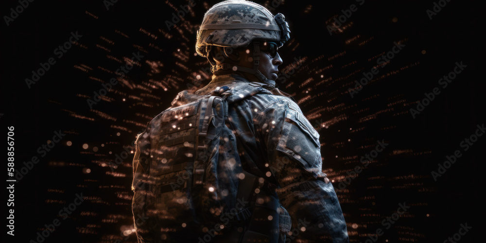 Fototapeta premium Army Soldier on black bokeh background. US Army concept wallpaper. Generative AI