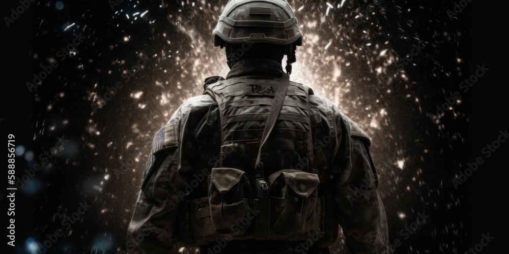Army Soldier on black bokeh background. US Army concept wallpaper. Generative AI