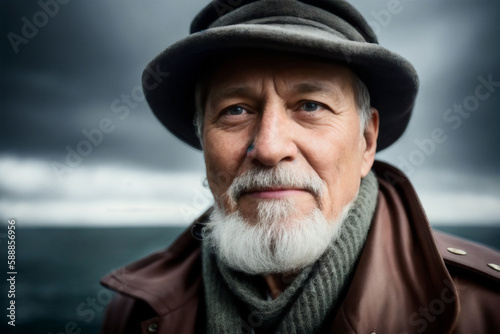 Cinematic Portrait of an old fisherman, wearing an old worn leather jacket, the North Sea at the background. Concept of active age. Generative AI