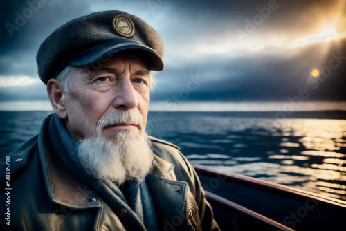 Cinematic Portrait of an old fisherman, wearing an old worn leather jacket, the North Sea at the background. Concept of active age. Generative AI