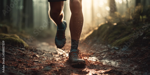 Morning Rush: Trail Runner Conquering Forest Trail with Dreamy Bokeh. Generative AI