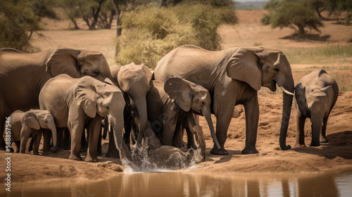 Elephants playing by the water, created with Generative AI technology.