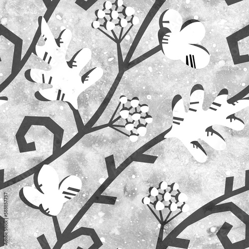 Seamless background with floral ornament for design. Black and white flowers on a watercolor background. Illustration with a seamless ornament for printing on fabric and paper.