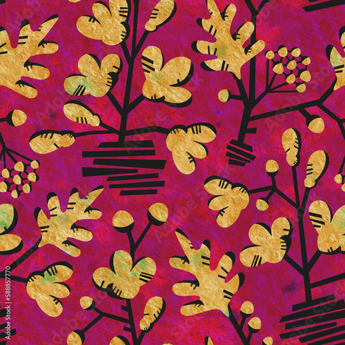 Seamless background with floral ornament for design. Golden flowers on a crimson background. Illustration with a seamless ornament for printing on fabric and paper.