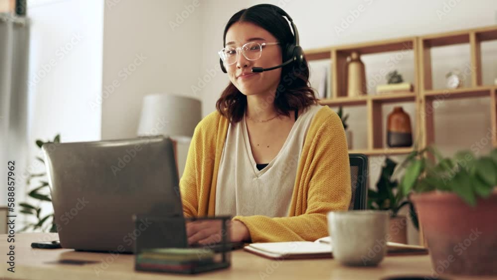 Crm, remote work or friendly woman in call center consulting, speaking or talking at customer support. Sales, communication or Asian consultant in telemarketing or telecom company in a conversation