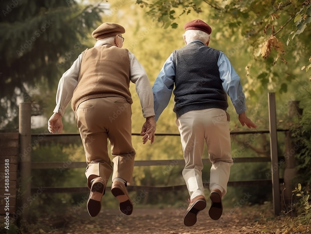 Two happy old people jumping. Created using generative AI.