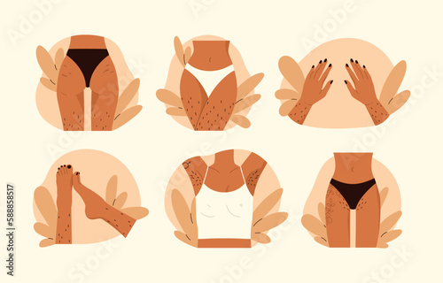 Hairy body collection. Female unshaved hairy legs, hands, armpit and pubic hair set. Body positive, normalize female body hair, skin care. Vector illustration in cartoon style. Isolated background