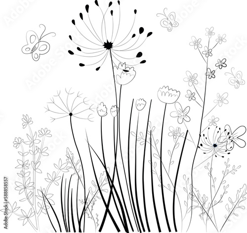 black and white floral elements for doodle - flowers and butterflies